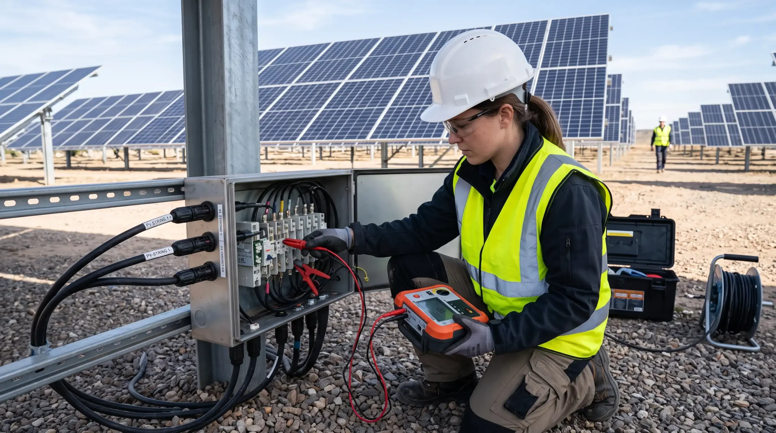 Güneş enerjisi sisteminde DC kablo ve panel bağlantılarının izolasyon direnci test cihazıyla kontrol edilmesi.